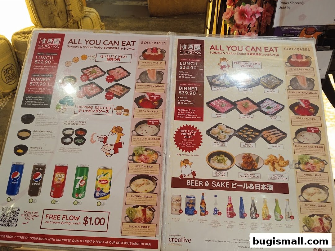A menu for Suki-Ya offering all-you-can-eat Sukiyaki and Shabu-Shabu with various soup bases and premium items.