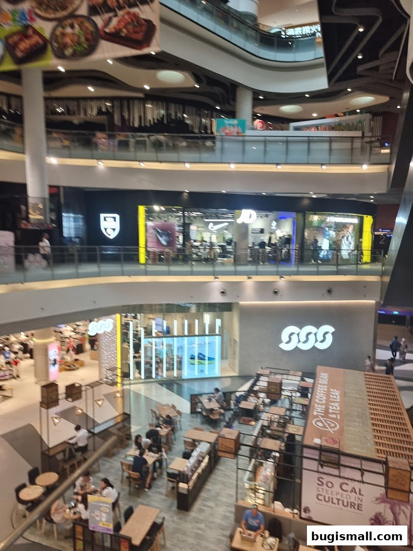 An interior view of a multi-level shopping mall with various shops and a cafe.