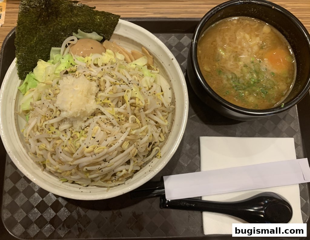 A bowl of ramen with bean sprouts, cabbage, egg, and nori, served with a side of broth.