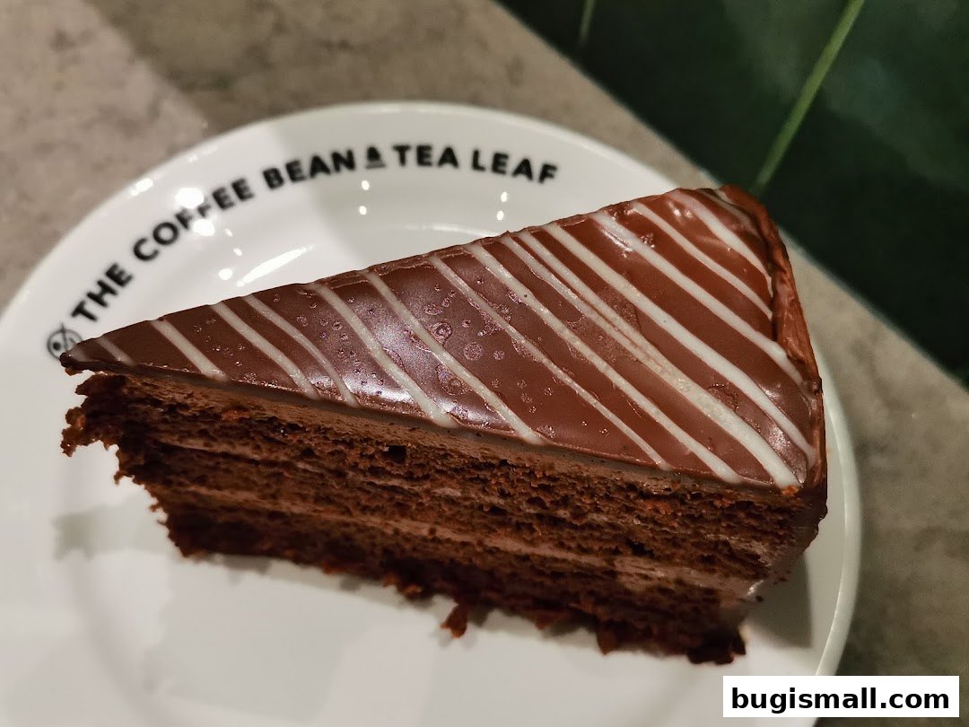 A slice of rich chocolate cake with white icing stripes on a white plate.
