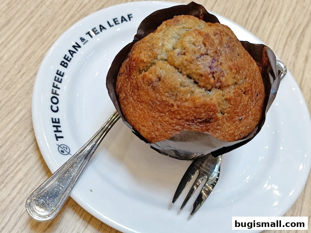 A blueberry muffin served on a white plate with a fork at The Coffee Bean & Tea Leaf.