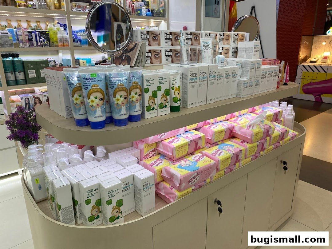 A retail display featuring skincare products, including lotions, toners, and cleansing foams, with cute cartoon packaging.