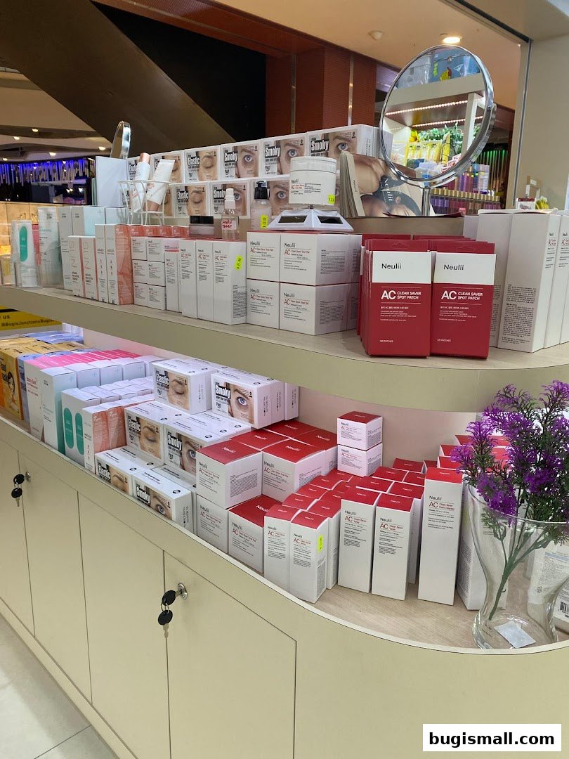 A display of skincare products, including boxes and bottles, with a mirror reflecting the store.