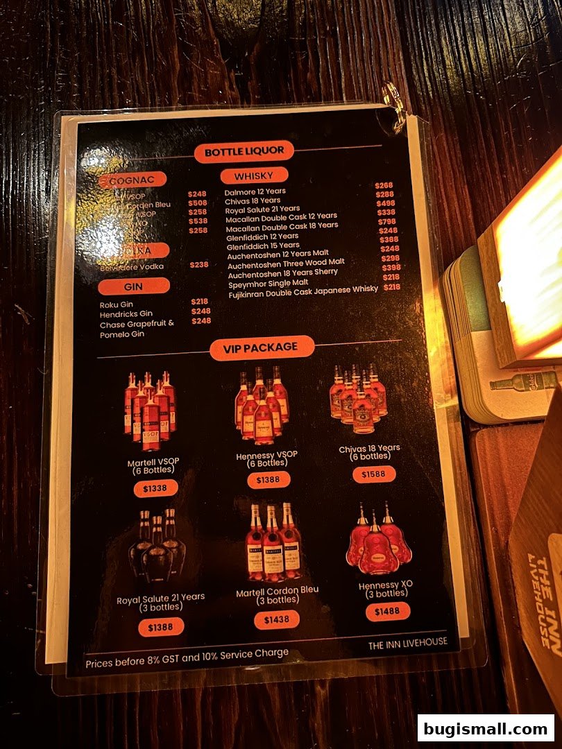 A menu from The Inn Livehouse featuring bottle liquor and VIP packages with prices.