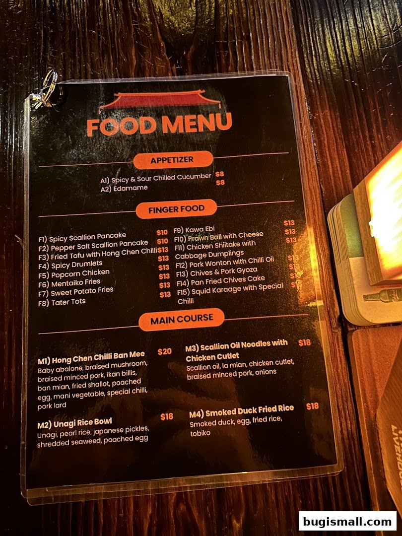 A food menu for The Inn Livehouse Bugis, featuring appetizers, finger food, and main courses.