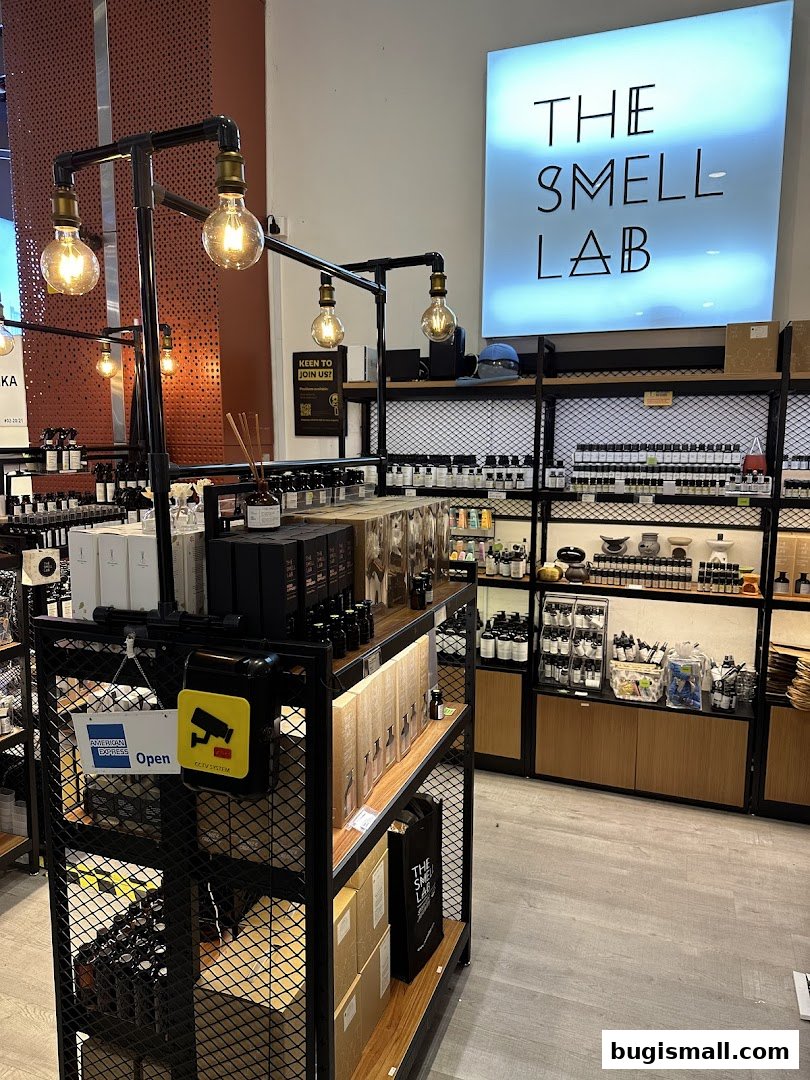 Interior view of The Smell Lab shop showcasing shelves filled with various fragrance products.