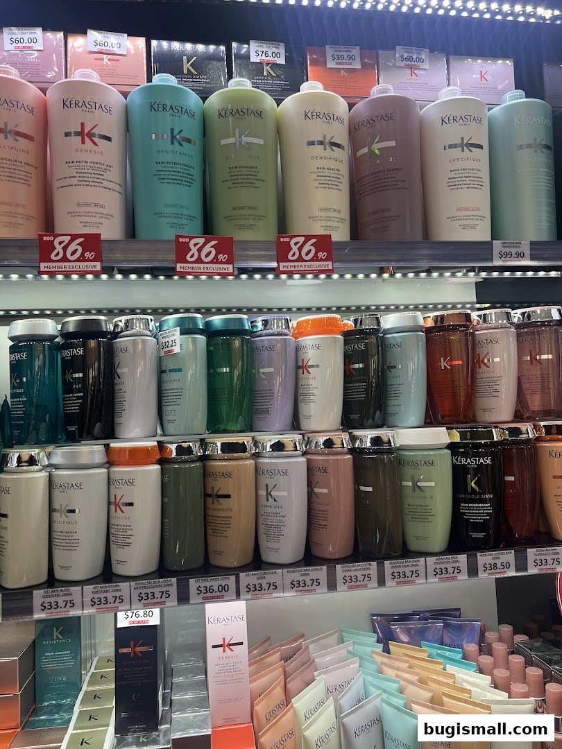 Shelves stocked with various Kérastase hair care products, including shampoos and conditioners.