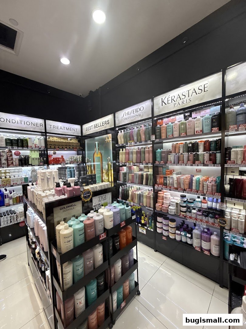 Interior view of a beauty store showcasing shelves filled with hair care products.