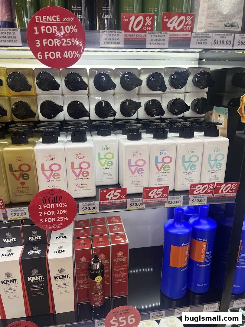 A display of various hair care products, including shampoos and conditioners, with promotional offers.