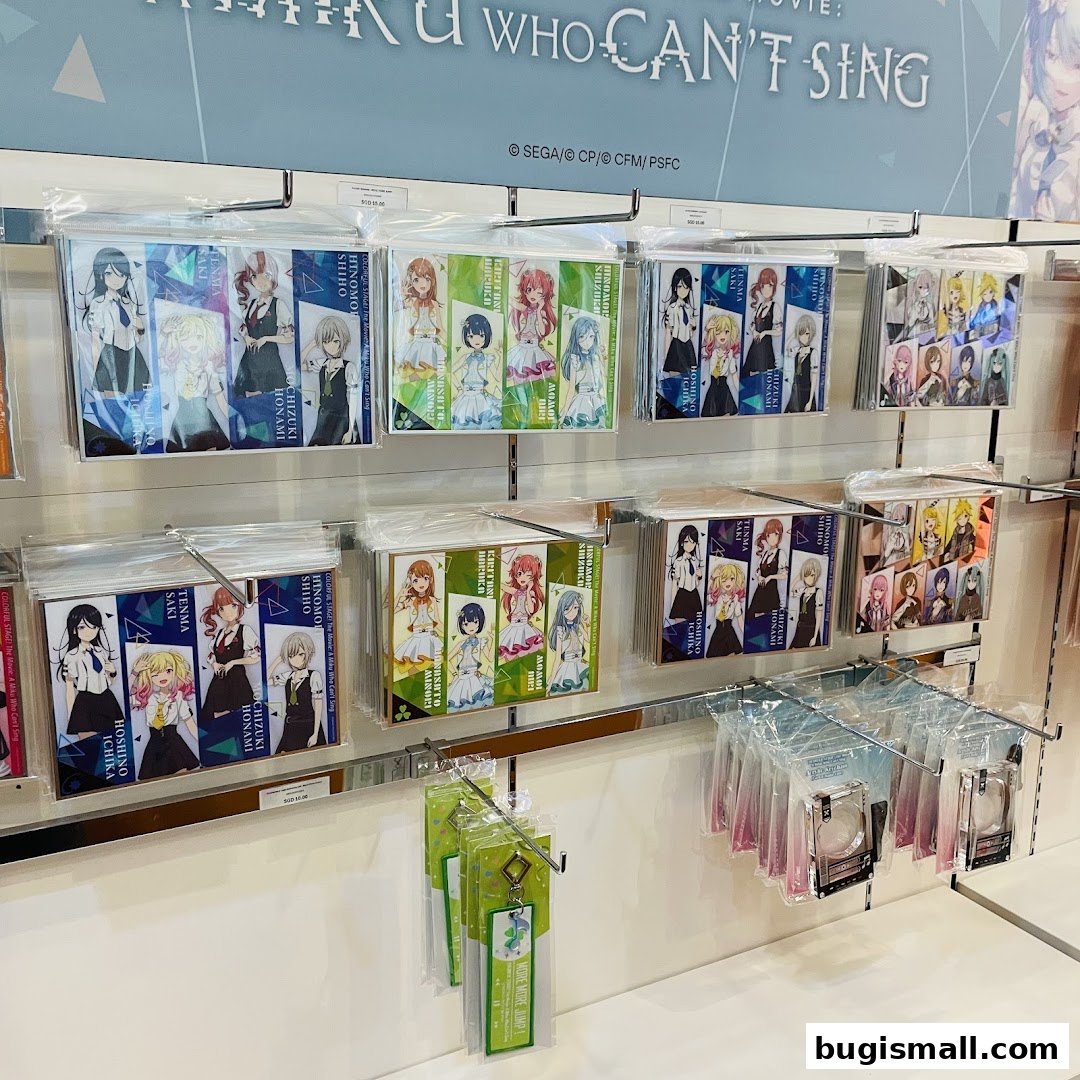 Merchandise featuring anime characters displayed on shelves in a retail store.