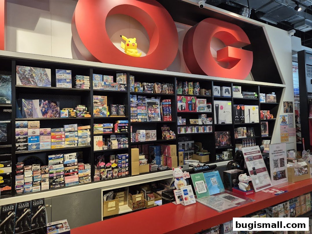 A well-stocked retail store interior with shelves full of games and merchandise.