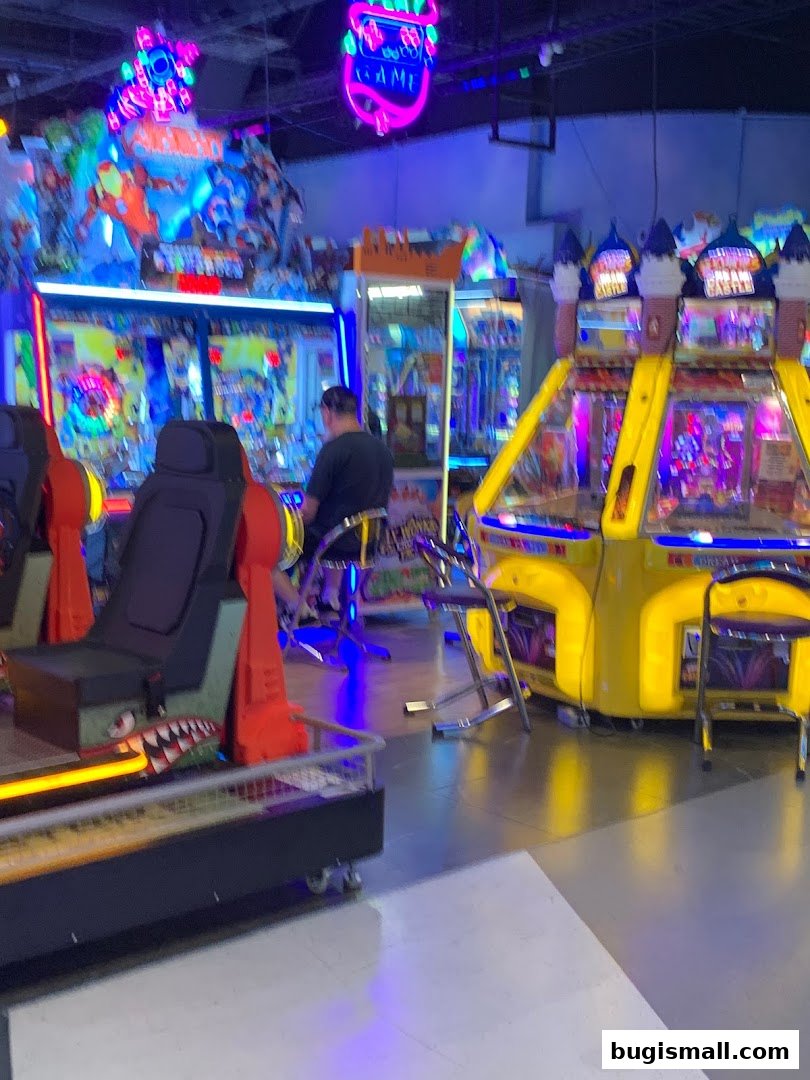 Interior of an arcade with various game machines and a person playing.