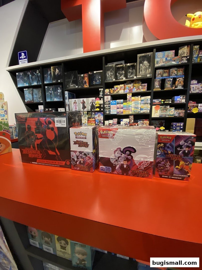 A display of Pokémon trading card game products and other collectibles on shelves.