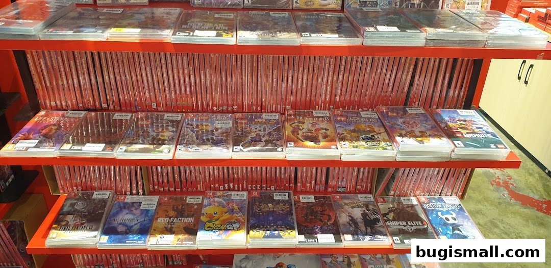 Shelves stocked with video games for Nintendo Switch, neatly organized and displayed.