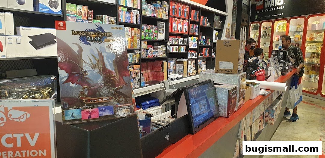 Interior of a game store with shelves stocked with video games and merchandise.