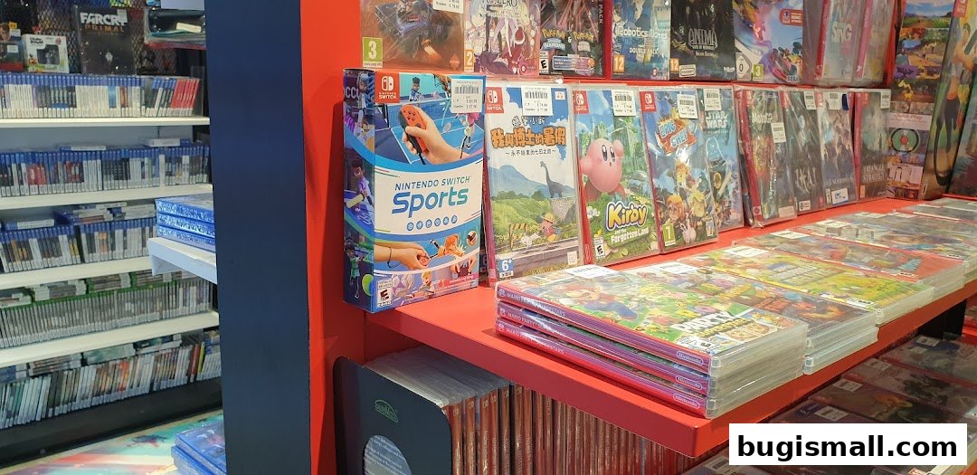 A display of Nintendo Switch games, including Nintendo Switch Sports and Kirby.