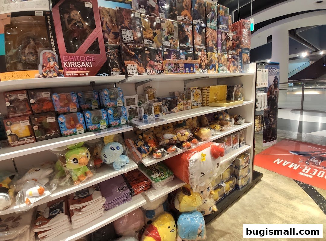 Shelves stocked with anime figures, plush toys, and merchandise in a retail store.