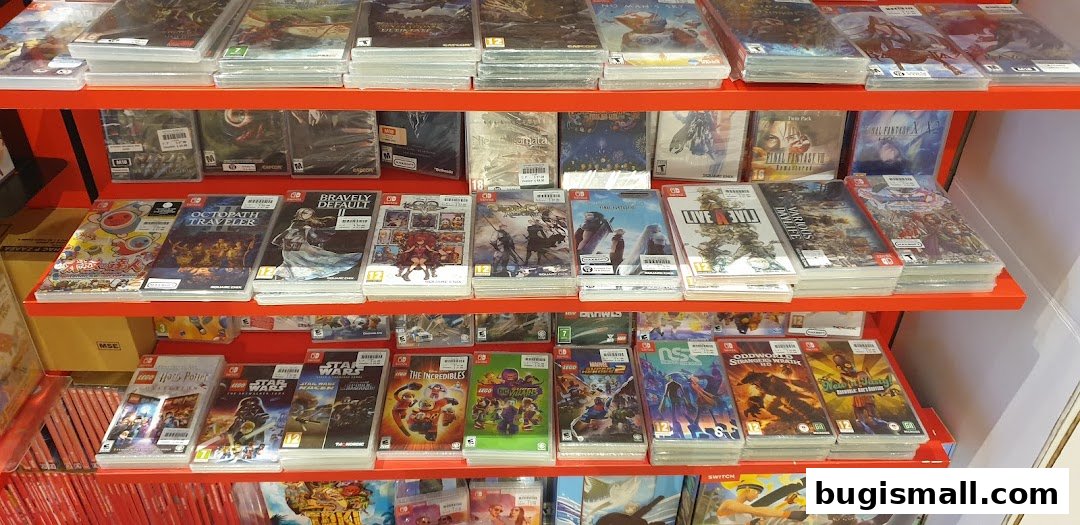 Shelves stocked with various video games for Nintendo Switch.