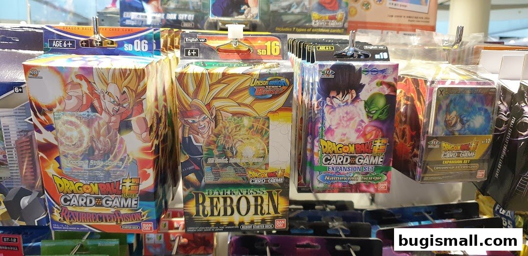 A display of Dragon Ball Super Card Game booster packs and starter decks.