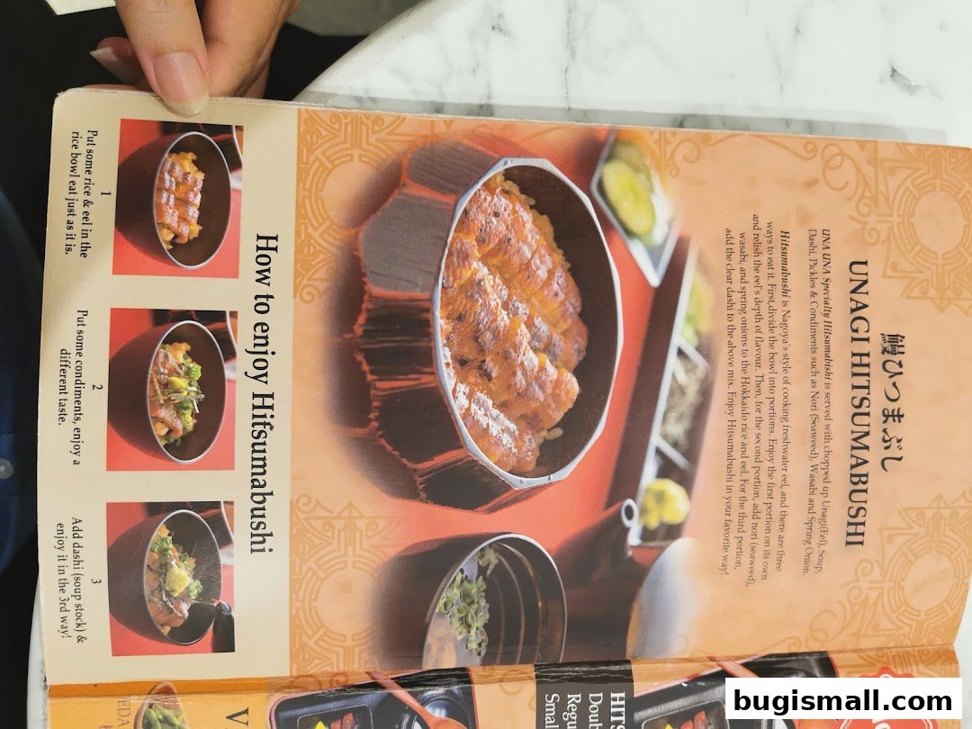 A menu page detailing how to enjoy Unagi Hitsumabushi with step-by-step instructions and images.
