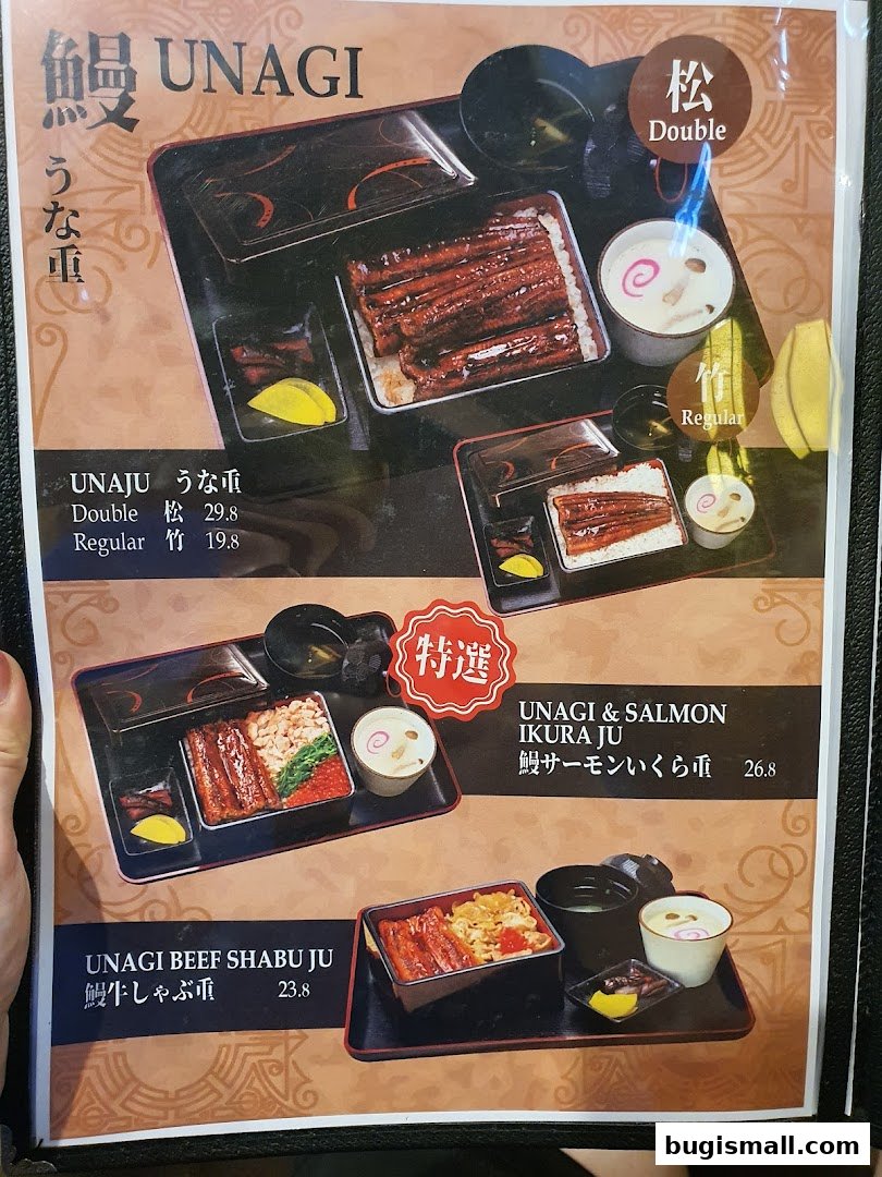 A menu featuring various Unagi dishes, including Unaju, Unagi & Salmon Ikura Ju, and Unagi Beef Shabu Ju.