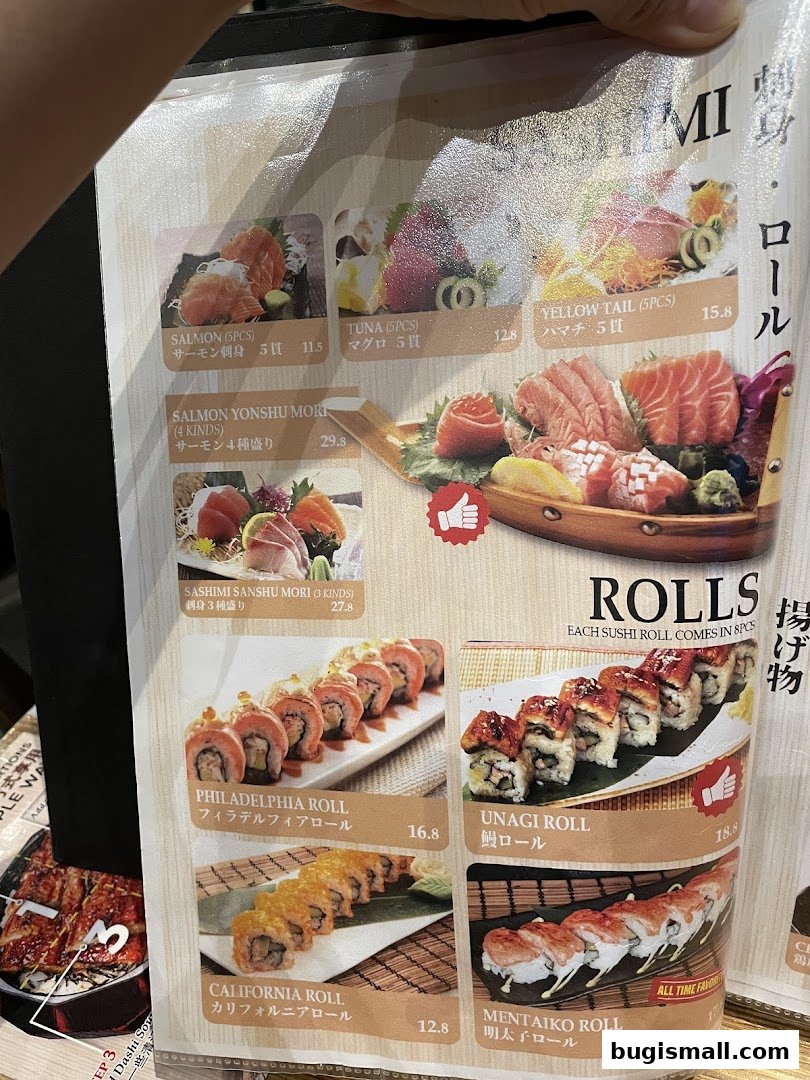 A menu page showcasing various sushi dishes including sashimi and rolls with prices.