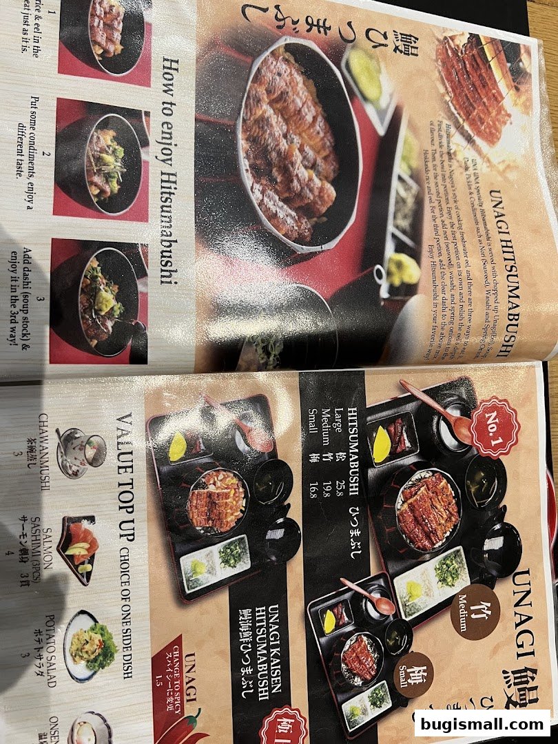 A menu showcasing Unagi Hitsumabushi with different serving sizes and side dish options.