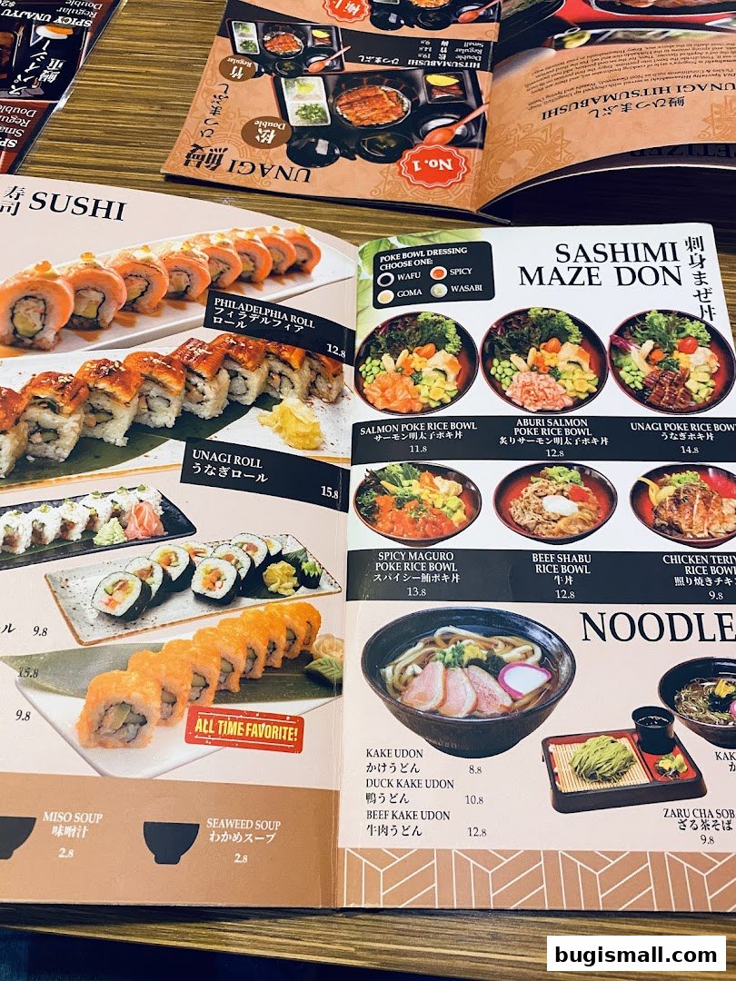 A menu featuring various sushi rolls, poke bowls, and noodle dishes with prices.