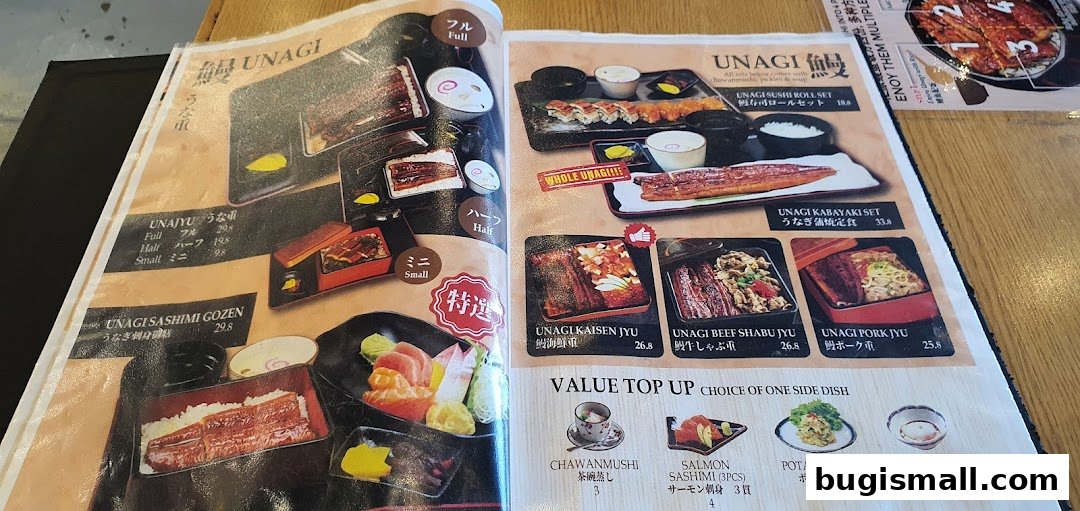 A menu from Una Una featuring various Unagi dishes, sushi rolls, and side dishes.