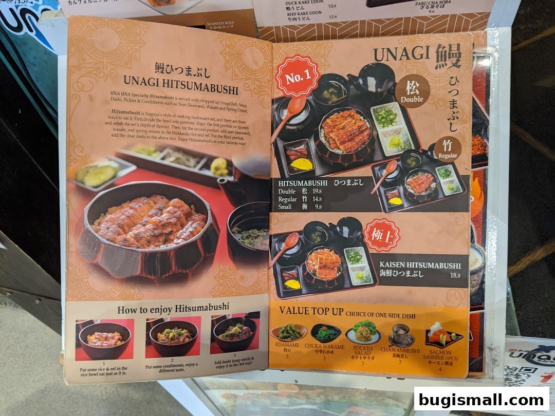 A menu featuring Unagi Hitsumabushi and Kaisen Hitsumabushi with side dish options.