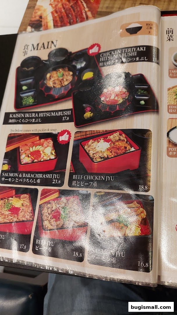 A menu page showcasing various Japanese rice bowl dishes with prices.