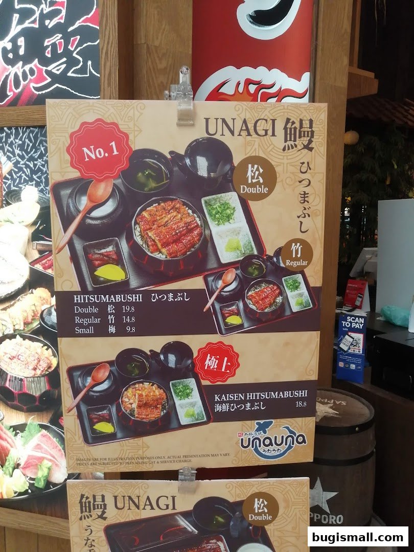 A menu board displays various Unagi dishes with prices and descriptions.