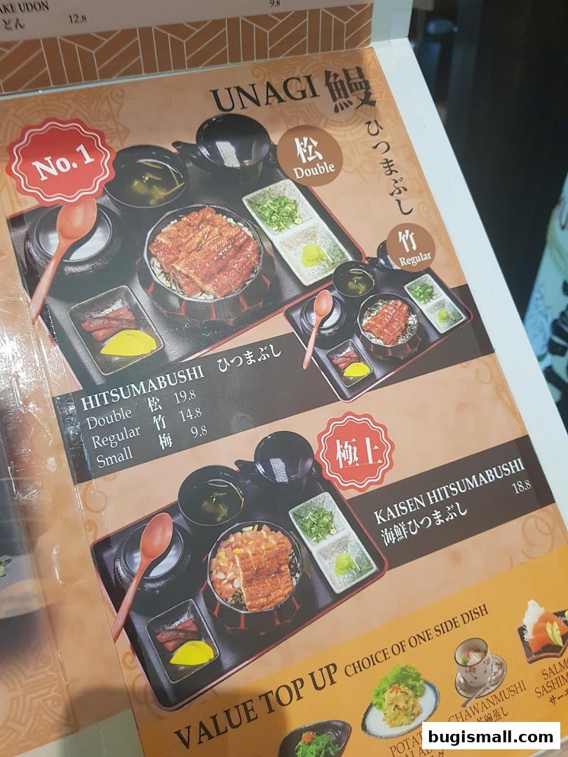 A menu featuring Unagi and Kaisen Hitsumabushi dishes with various portion sizes and prices.