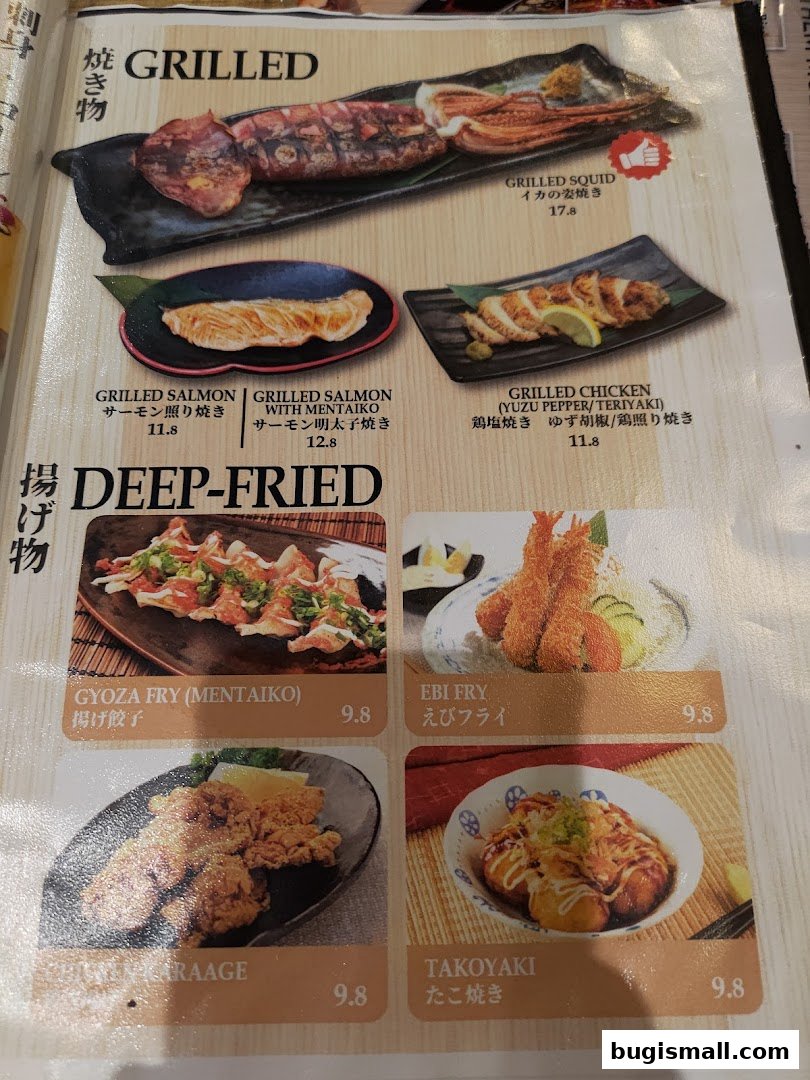 A menu featuring grilled and deep-fried Japanese dishes with prices.