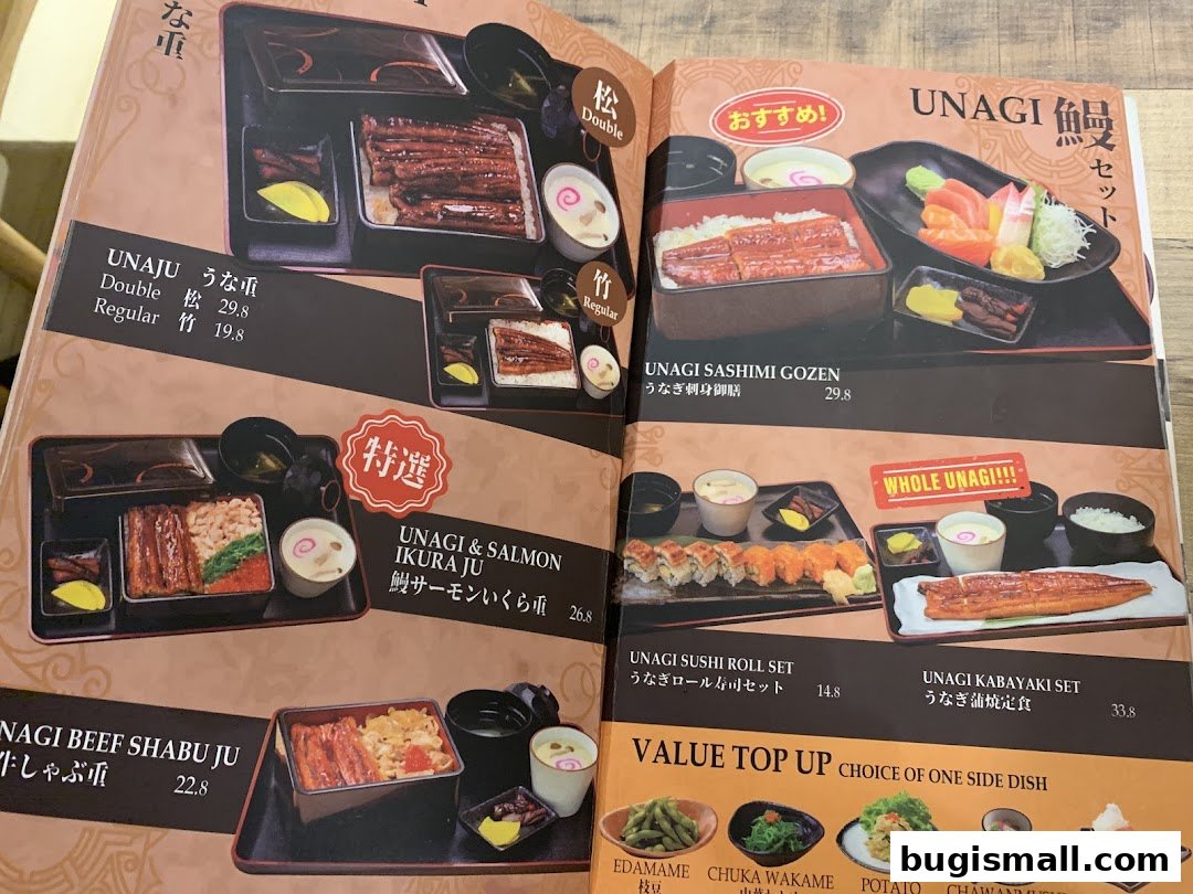 A menu showcasing various Unagi dishes, including Unaju, Sashimi Gozen, and Sushi Rolls.
