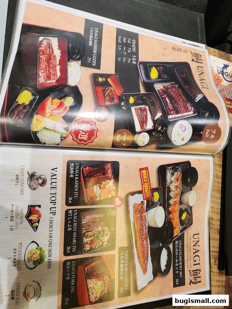 A menu featuring various Unagi dishes, including sashimi, sushi rolls, and grilled eel sets.