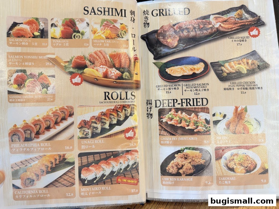 A menu featuring various Japanese dishes including sashimi, grilled items, deep-fried options, and sushi rolls.
