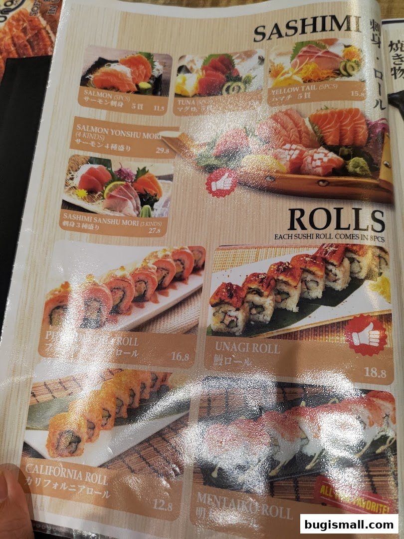 A menu page showcasing various sushi rolls and sashimi dishes with appealing images and prices.