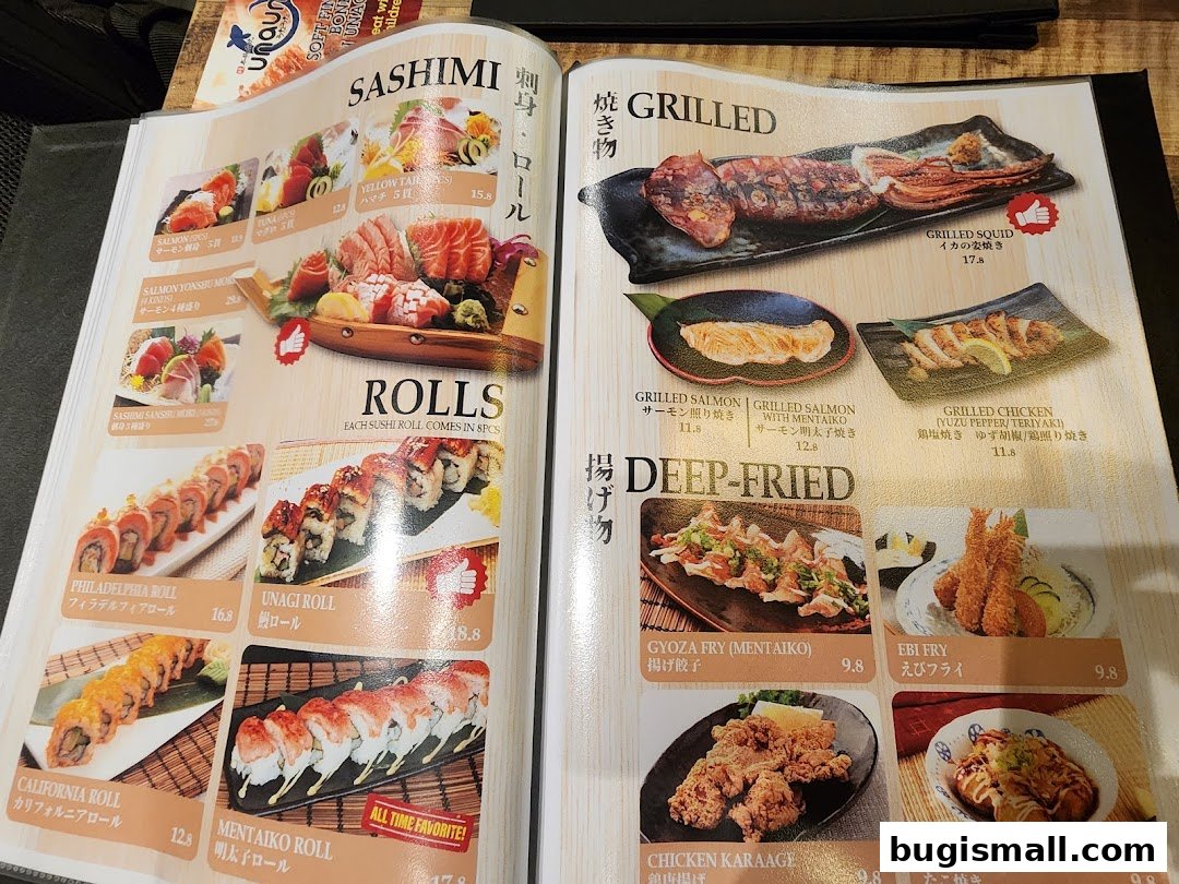 A menu from Una Una restaurant featuring sashimi, rolls, grilled dishes, and deep-fried items.