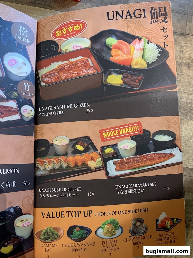 A menu featuring Unagi dishes, including sashimi, sushi rolls, and kabayaki sets, with side dish options.