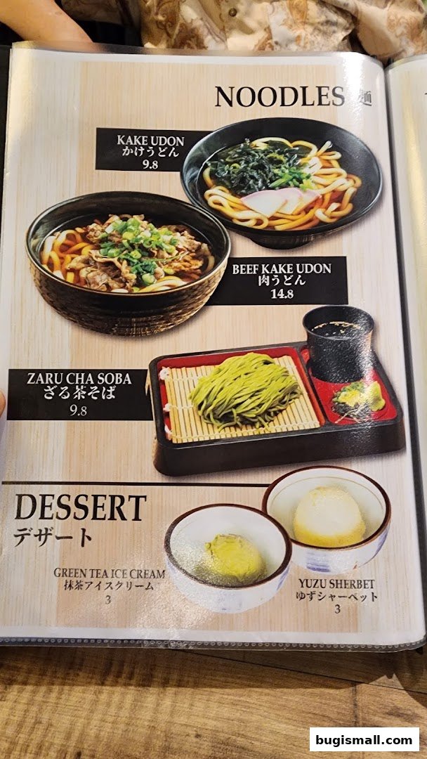 A menu featuring Japanese noodles and desserts with appetizing food photography.