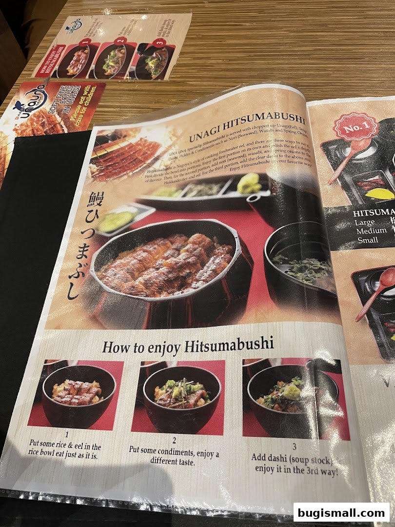 A menu page showcasing Unagi Hitsumabushi with instructions on how to enjoy it.