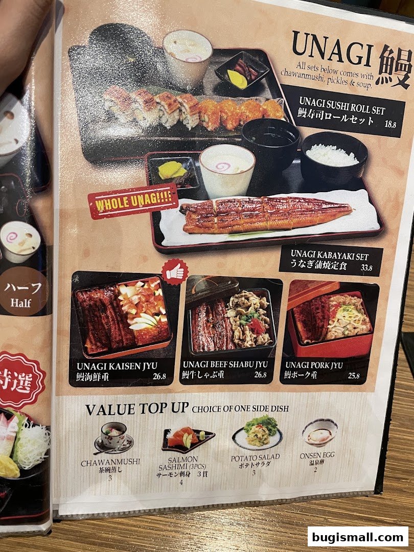 A menu featuring various Unagi dishes, including sushi rolls, kabayaki, and rice bowls with side dish options.