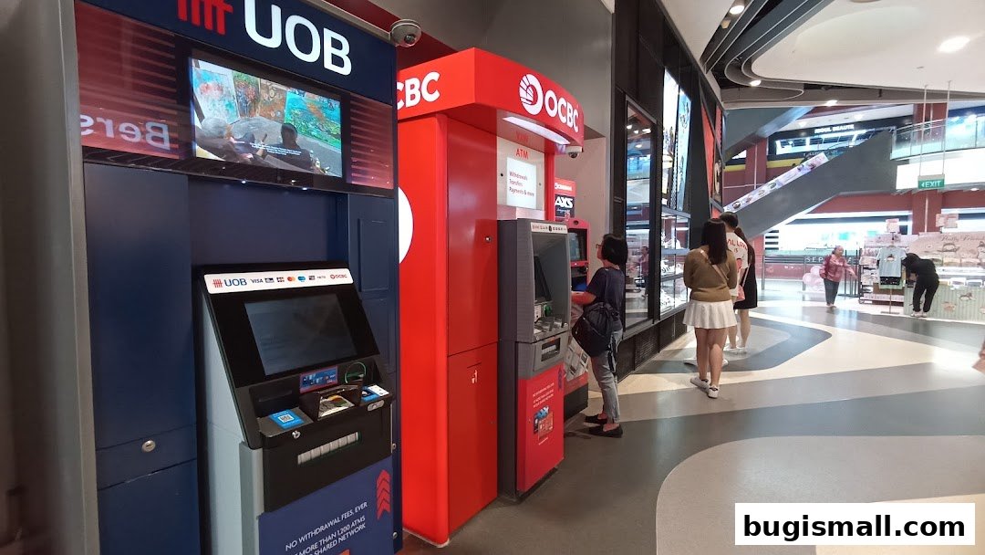 UOB and OCBC ATMs are located in a shopping mall with people using them.