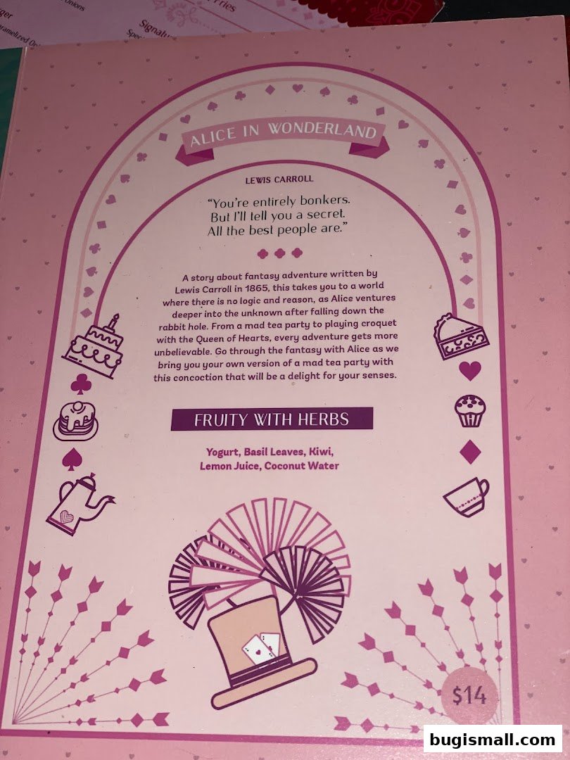 A menu item inspired by Alice in Wonderland, featuring 'Fruity with Herbs' ingredients and a price of $14.