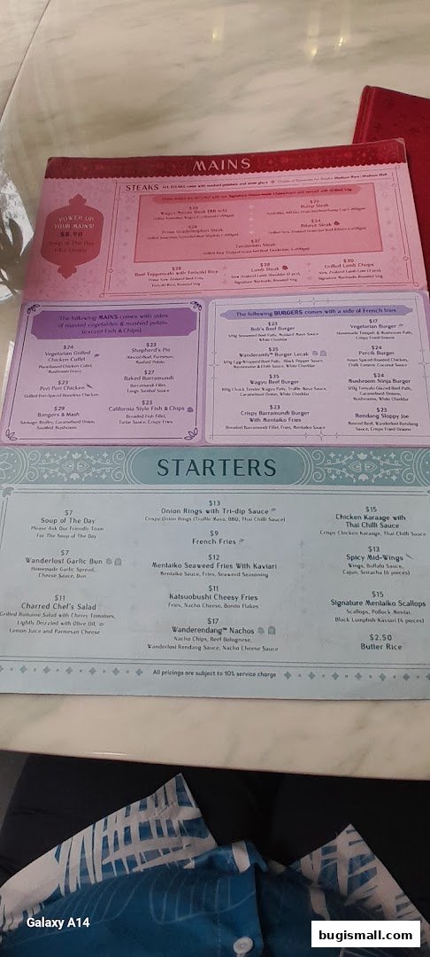 A menu from Wanderlost Lounge featuring mains, burgers, and starters with prices.