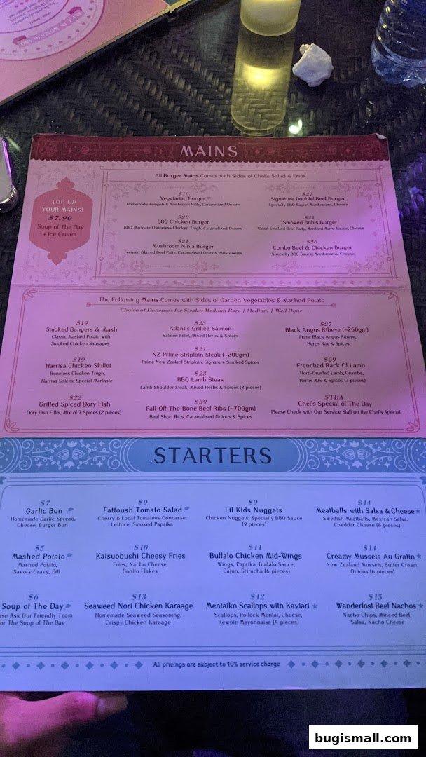 A menu from Wanderlost Lounge by The Halal Mixologist, featuring mains and starters.
