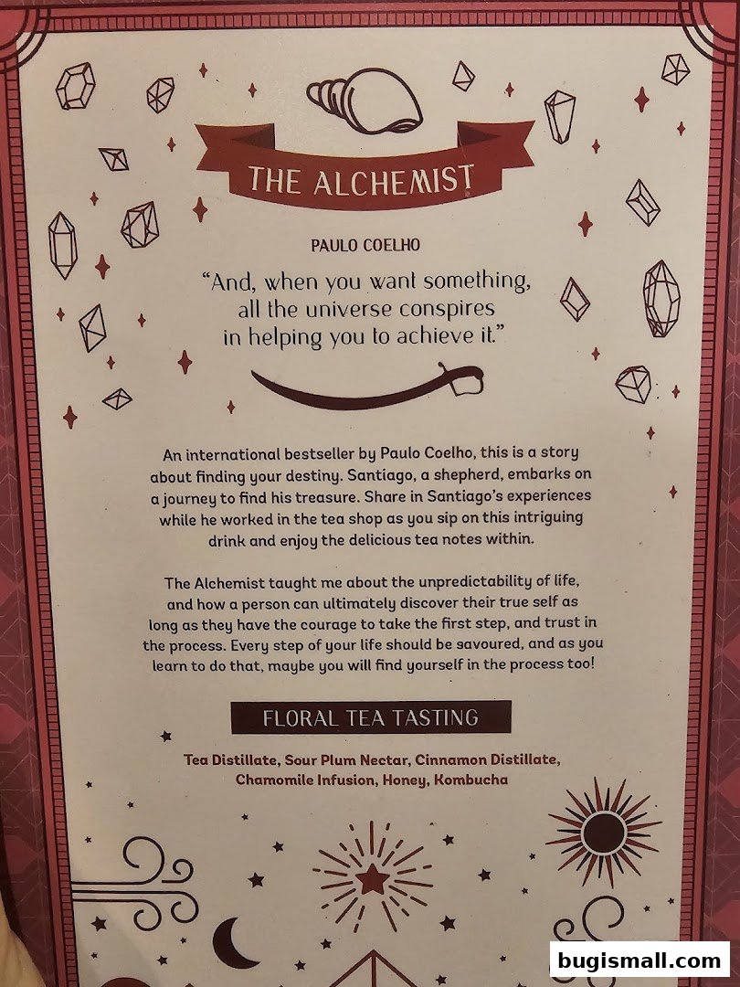 A page featuring 'The Alchemist' by Paulo Coelho and a floral tea tasting.