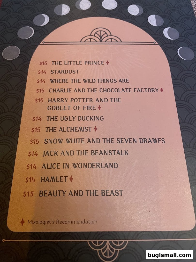 A menu with literary-themed cocktails and prices.