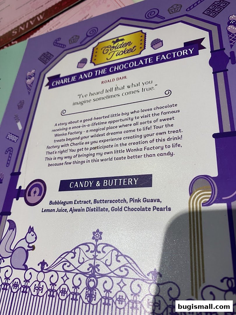 A menu page inspired by Charlie and the Chocolate Factory, featuring a drink description.